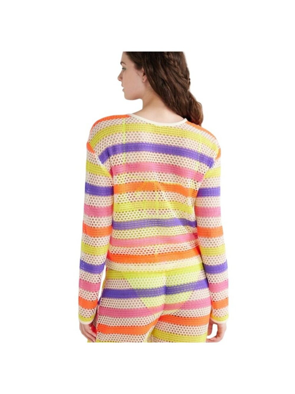 No Boundaries Women's Large Neon Crochet Stripe Festival Beach Swim Cover Up Set - Picture 9 of 10